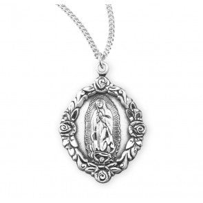 1.1" OLO Guadalupe SS Oval Medal with Roses Necklace 18" Chain