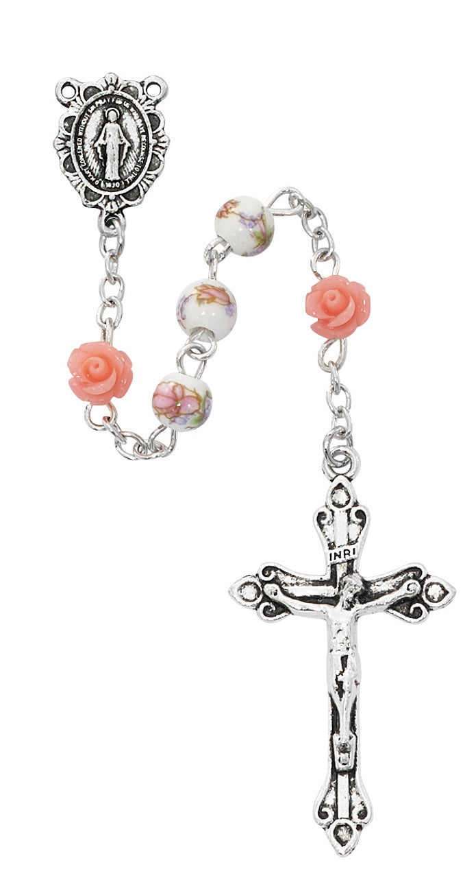 6mm Pink Rosebud Floral Rosary