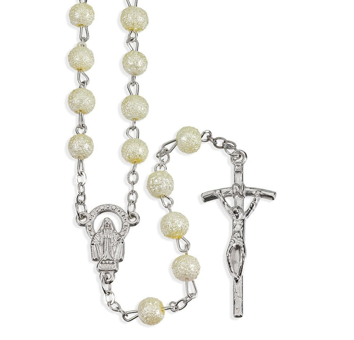 6mm White Hammered Bead Rosary