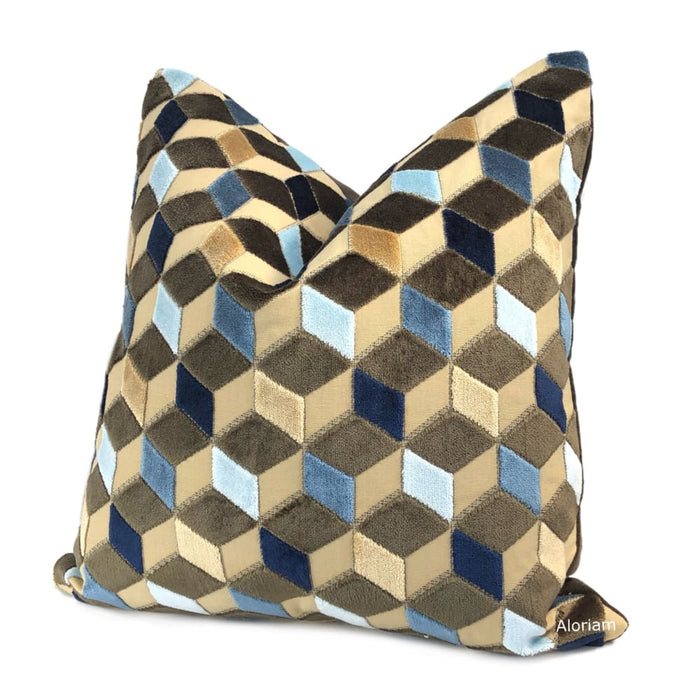 Metropol Geometric Cut Velvet Cubes Brown Blue Beige Pillow Cover - Aloriam