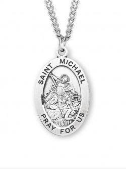 1.1" St Michael The Archangel SS Large Oval Medal Necklace 24" Chain