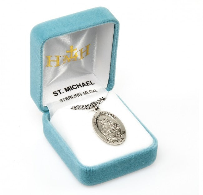 1.1" St Michael The Archangel SS Large Oval Medal Necklace 24" Chain