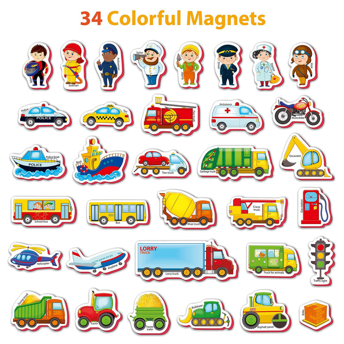 34 Foam Fridge Magnets for Toddlers 3 years Vehicles and Professions Magnets