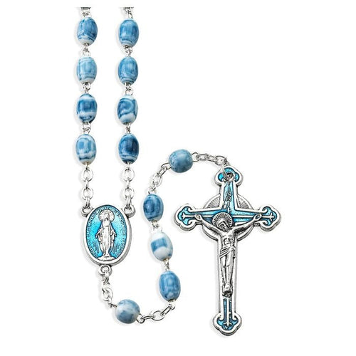 5 x 7mm Oval Blue Marble Glass Bead Rosary with Blue Epoxied Miraculous Medal Center