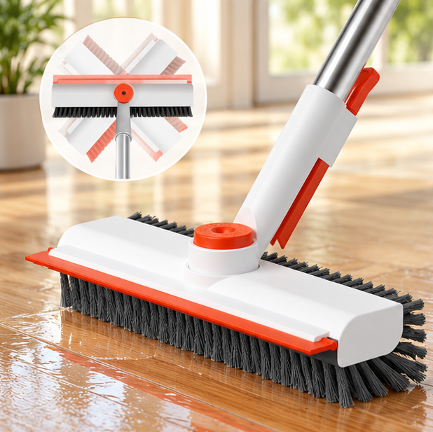 AIR U+ 3-in-1 Floor Scrub Brush with Long Handle, 360° Rotating Head & Built-In Squeegee