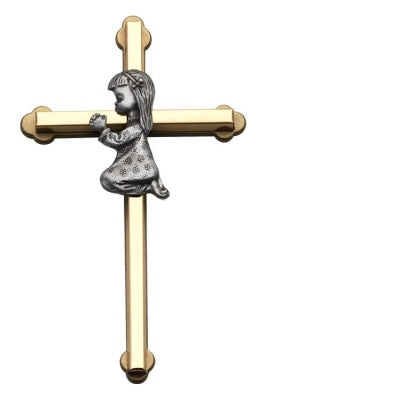 6" Praying Girl Wall Cross Brass & Pewter
