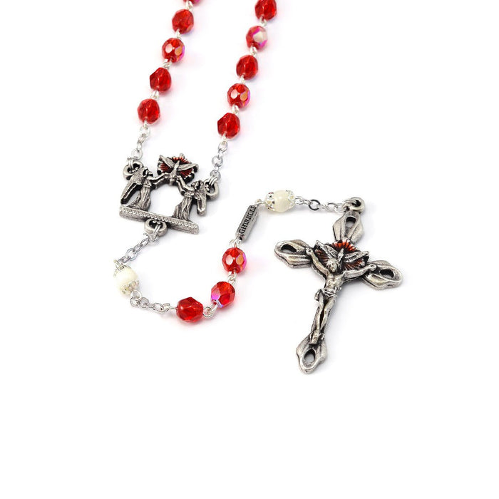6mm Red Faceted Glass & Silver Holy Spirit Rosary