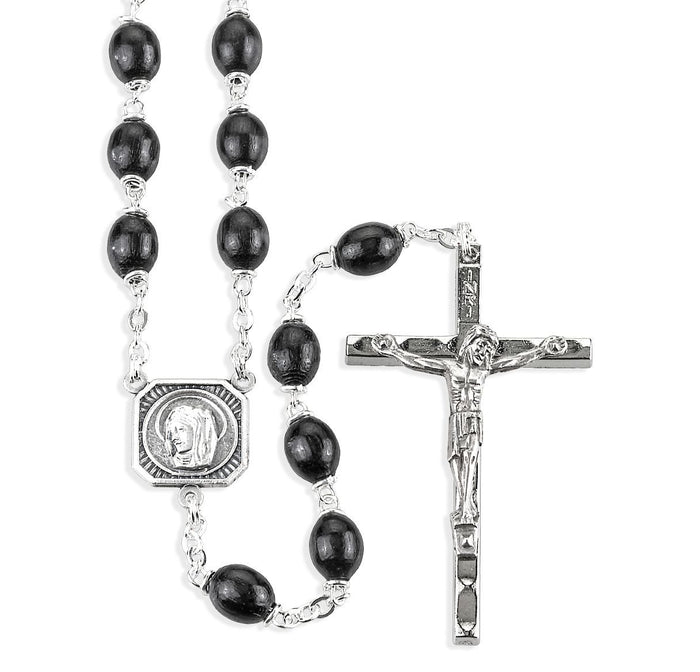 7 x 9mm Black Boxwood Bead Rosary with Christ & Madonna Center