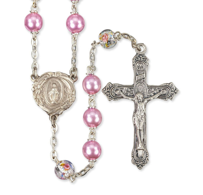 7mm Pink Pearl Bead Rosary with Floral Our Father Beads