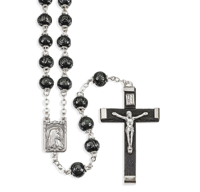 7mm Round Black Carved Wood Bead Rosary