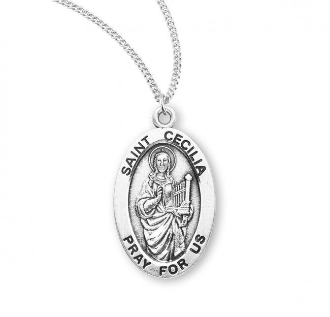 .9" St Cecilia SS Small Oval Medal Necklace 18" Chain