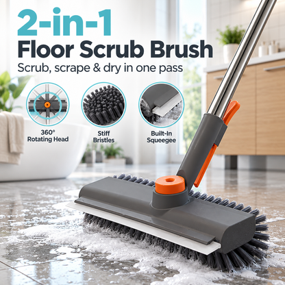 AIR U+ 3-in-1 Floor Scrub Brush with Long Handle, 360° Rotating Head & Built-In Squeegee
