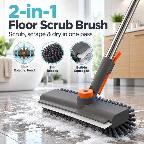AIR U+ 3-in-1 Floor Scrub Brush with Long Handle, 360° Rotating Head & Built-In Squeegee