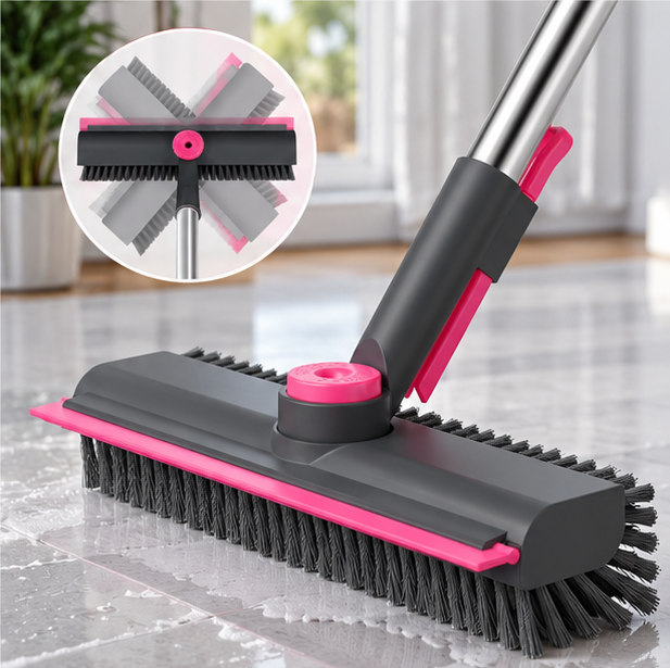 AIR U+ 3-in-1 Floor Scrub Brush with Long Handle, 360° Rotating Head & Built-In Squeegee