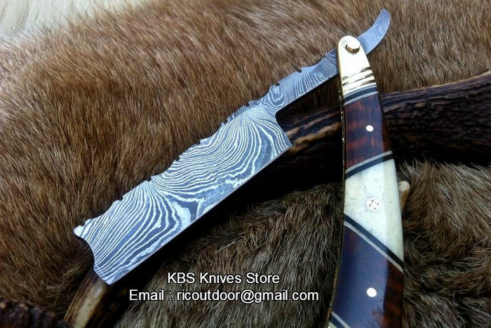 Antique Straight Razor Damascus Steel Blade Bone, Rosewood, and Brass Bolsters Leather Case Traditional Grooming Vintage Shaving Tool Straight Razor Collectibles KBS Knives Store Handcrafted Razor Premium Antique Razor