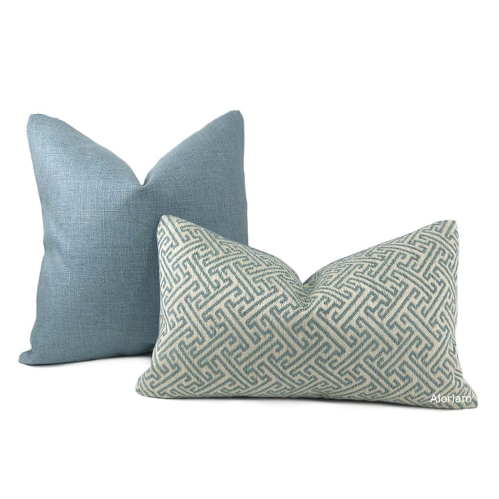 Atlas Greek Key Pool Blue Cream Geometric Pillow Cover - Aloriam