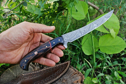 Damascus Steel Fillet Knife Bowie Knife with Wenge Wood and Buffalo Horn Handle