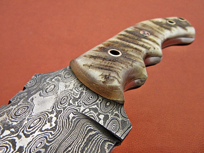 Tom Brown Tracker Knife with Damascus Steel Blade and Mountain Sheep Horn Handle by KBS Knives
