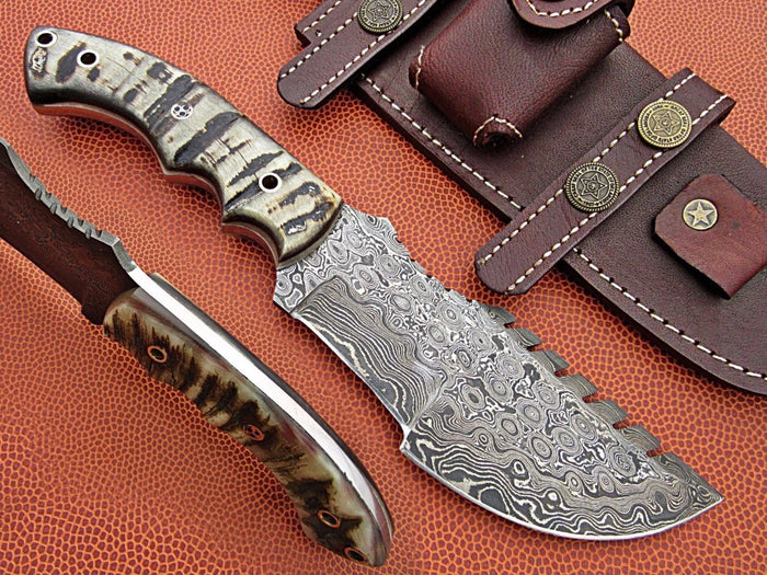 Handcrafted Damascus Steel Tracker Knife with 9.5" Blade, Mountain Sheep Horn Handle, and Leather Sheath
