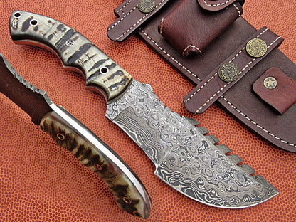 Handcrafted Damascus Steel Tracker Knife with 9.5" Blade, Mountain Sheep Horn Handle, and Leather Sheath