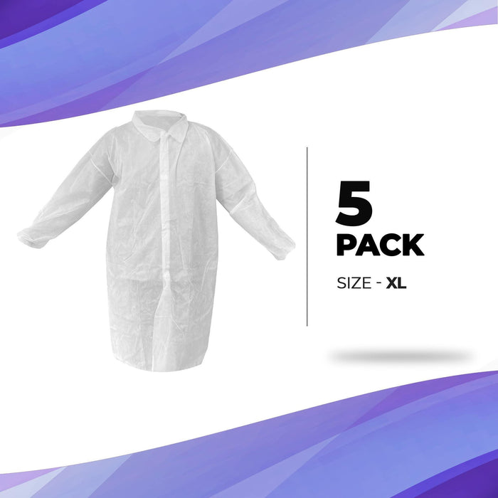 Disposable Lab Coat XL Size 35 GSM PP White Lab Jackets for Adults 5 Pack