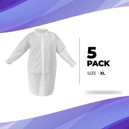 Disposable Lab Coat XL Size 35 GSM PP White Lab Jackets for Adults 5 Pack