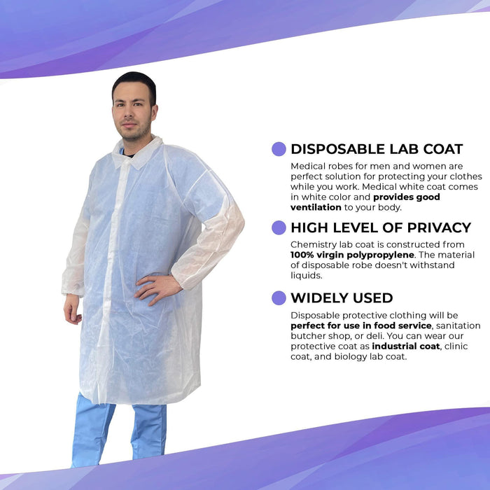 Disposable Lab Coat XL Size 35 GSM PP White Lab Jackets for Adults 5 Pack