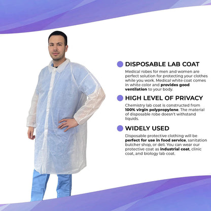 Disposable Lab Coat XL Size 35 GSM PP White Lab Jackets for Adults 5 Pack