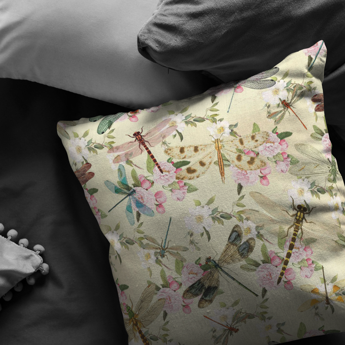 Dragonflies and Flowers Pink Blue Green Pillow or Pillow Cover | Spring Home Decor | Easter Decorations