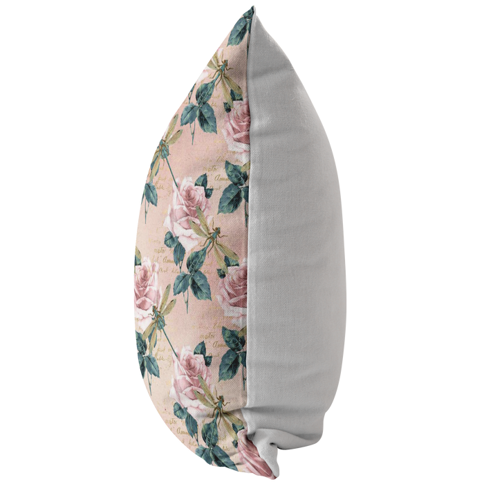 Dragonflies and Roses Pink Green Pillow or Pillow Cover | Spring Home Decor | Easter Decorations