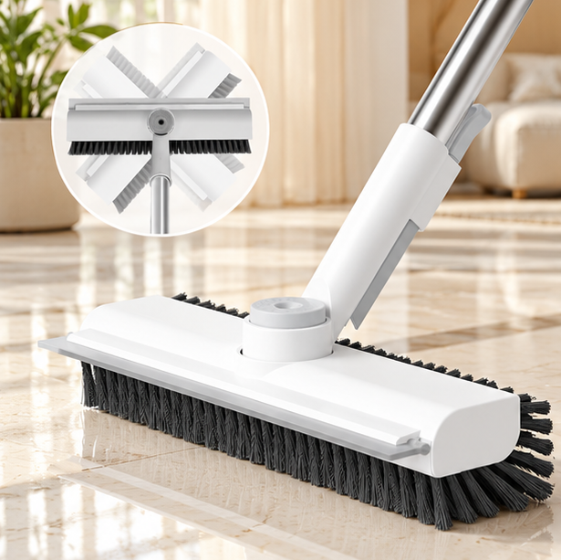 AIR U+ 3-in-1 Floor Scrub Brush with Long Handle, 360° Rotating Head & Built-In Squeegee