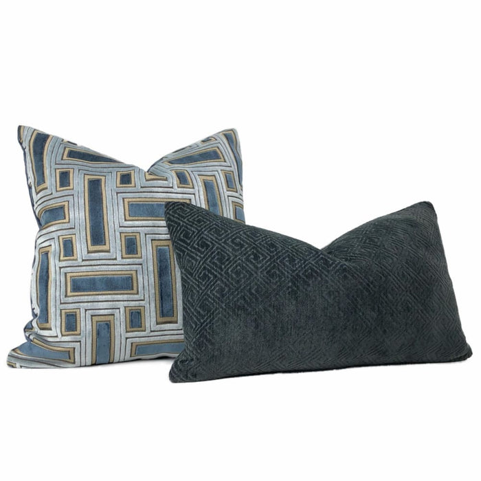 Gaius Dark Navy Blue Greek Key Chenille Pillow Cover - Aloriam
