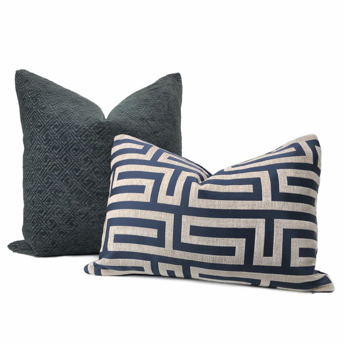Gaius Dark Navy Blue Greek Key Chenille Pillow Cover - Aloriam