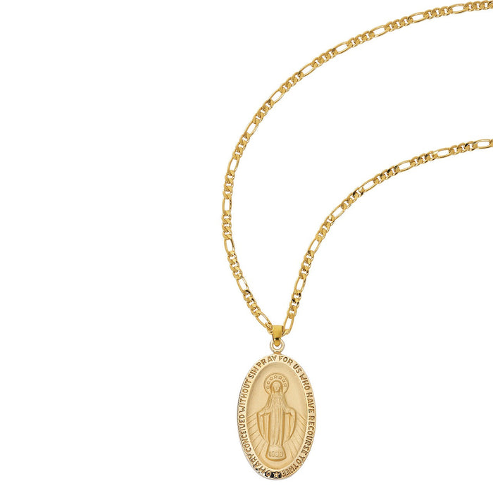 Gold Over SS 1.5" Miraculous Medal Necklace 24" Figaro Chain