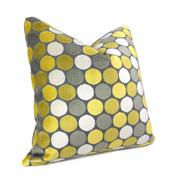 Kendall Yellow Gray White Large Polka Dot Velvet Pillow Cover - Aloriam