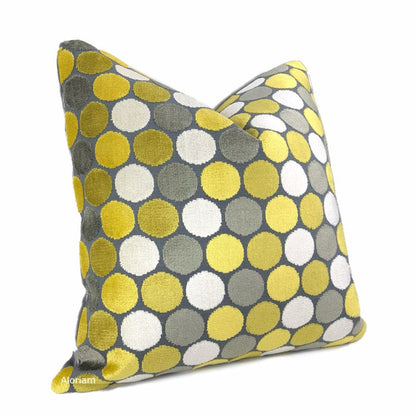 Kendall Yellow Gray White Large Polka Dot Velvet Pillow Cover - Aloriam