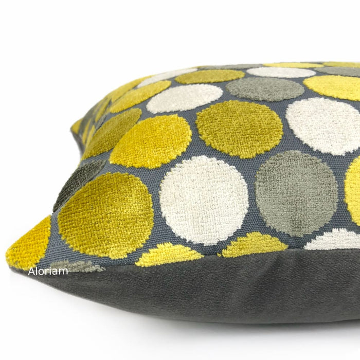 Kendall Yellow Gray White Large Polka Dot Velvet Pillow Cover - Aloriam