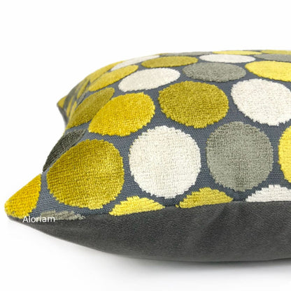 Kendall Yellow Gray White Large Polka Dot Velvet Pillow Cover - Aloriam