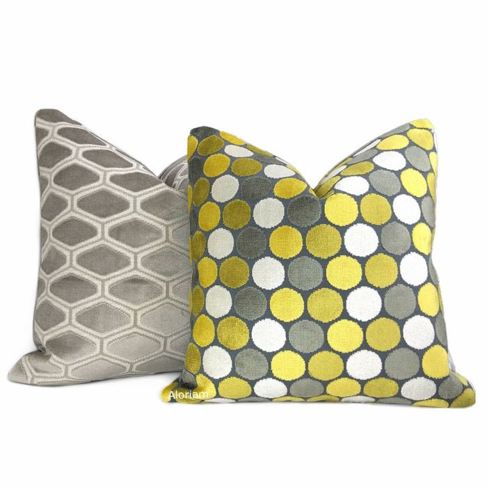 Kendall Yellow Gray White Large Polka Dot Velvet Pillow Cover - Aloriam