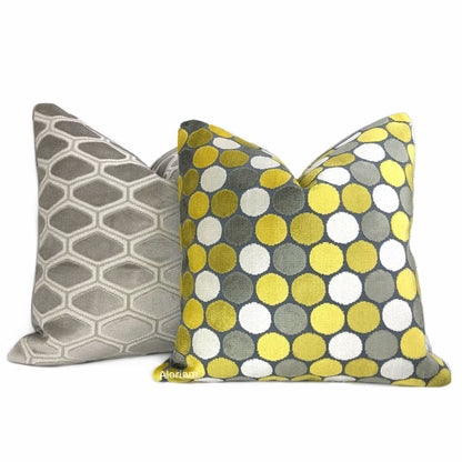 Kendall Yellow Gray White Large Polka Dot Velvet Pillow Cover - Aloriam