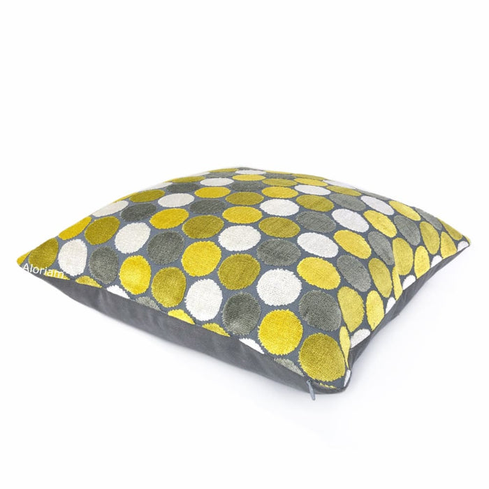 Kendall Yellow Gray White Large Polka Dot Velvet Pillow Cover - Aloriam
