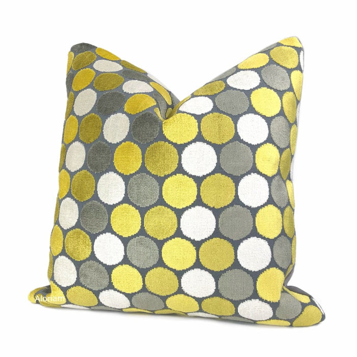 Kendall Yellow Gray White Large Polka Dot Velvet Pillow Cover - Aloriam