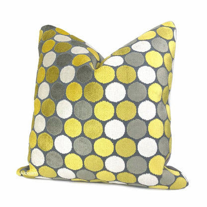 Kendall Yellow Gray White Large Polka Dot Velvet Pillow Cover - Aloriam