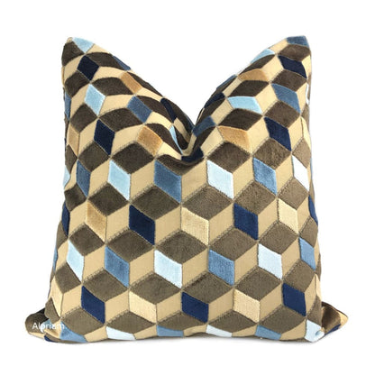 Metropol Geometric Cut Velvet Cubes Brown Blue Beige Pillow Cover - Aloriam