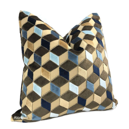 Metropol Geometric Cut Velvet Cubes Brown Blue Beige Pillow Cover - Aloriam
