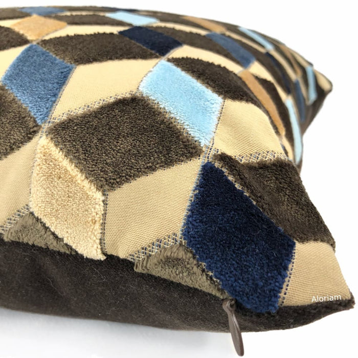 Metropol Geometric Cut Velvet Cubes Brown Blue Beige Pillow Cover - Aloriam