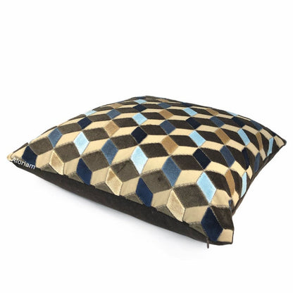 Metropol Geometric Cut Velvet Cubes Brown Blue Beige Pillow Cover - Aloriam