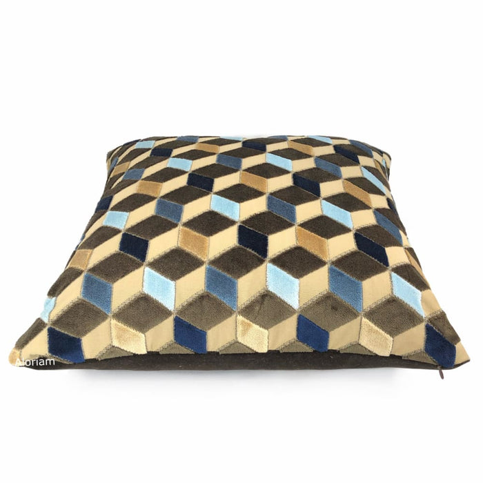 Metropol Geometric Cut Velvet Cubes Brown Blue Beige Pillow Cover - Aloriam