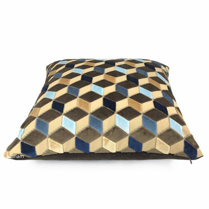 Metropol Geometric Cut Velvet Cubes Brown Blue Beige Pillow Cover - Aloriam