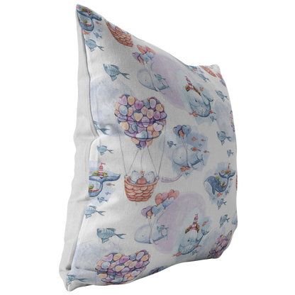 Nautical Pillow Cover | Pink and Blue Whales and Bears in Heart Air Balloon for Nursery or Kids